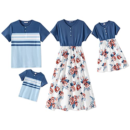 Patpat Family Matching Outfits Mommy And Me Dresses Matching Set Button Front Floral Print Splicing Ruffle Dresses And Short Sleeve Striped T-Shirts Sets Boho Beach Denim Blue Toddler Girl 2 Years #TOP25