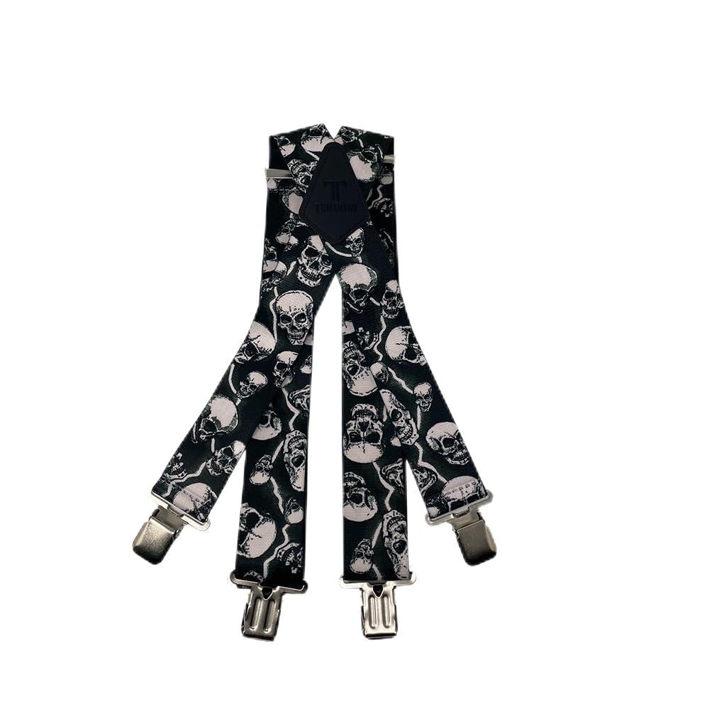 Tomahawk Heavy Duty Braces, Adjustable, Unisex Suspenders, Strong Clasp (Lightning Skulls)
