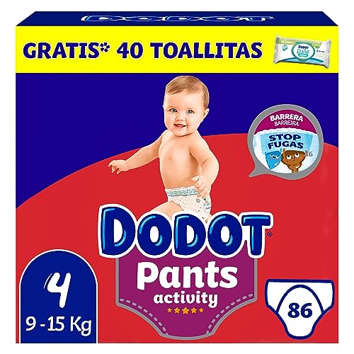 Dodot Activity Pants Pañal-Braguita Talla 4, 86 Pañales, 9kg - 15kg + 1 Pack de 40 Toallitas Gratis Cuiado Total, Pack Mensual