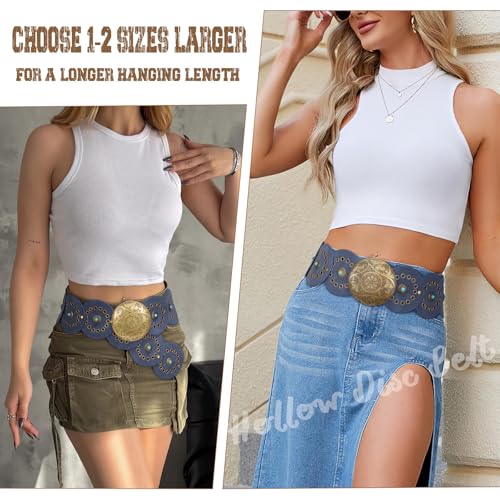 Image of XZQTIVE Western PU Leather Belts for Woman Concho Cowgirl Cowboy Disc Belt for Ladies Wide Boho Country Waist Belts for Dress