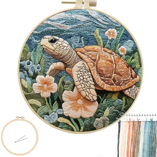 Image of FONNUY Sea Turtle Floral Embroidery Kit, Cross Stitch Kits for Beginners, Handmade Crafts with Printed Patterns for Adults, Easy to Follow Color Thread Needlework, 8'' Hoop (Turtle and Flowers)
