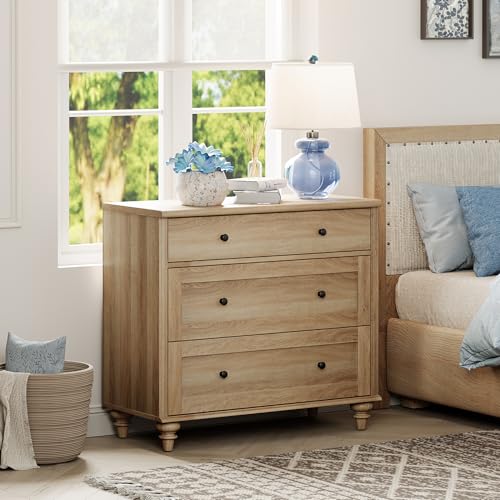 WAMPAT Set of 2 Oak Nightstands with 3 Drawers - 34 Inch Bedside Tables for Living Room and Bedroom