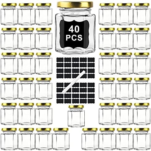 40 Pack Small Glass Honey Jars with Lids for Wedding Favor, Baby Showers, 3 Oz Airtight Glass Canning Jars with Lids, Hexagonal Glass Jars for Spice, Candy, Jam, Waterproof Stickers