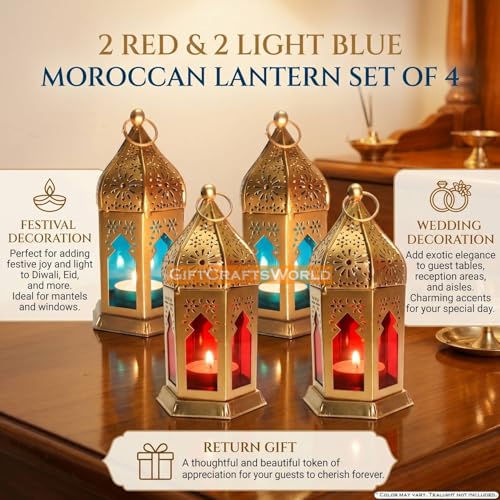 Image of Decorative Diwali Hanging Lantern Tealight Candle Holder Lights for Home Balcony Decoration, Metal Vintage Style Lamp Festive Accent Piece Indoor Outdoor (Red - Light Blue, Set of 4)