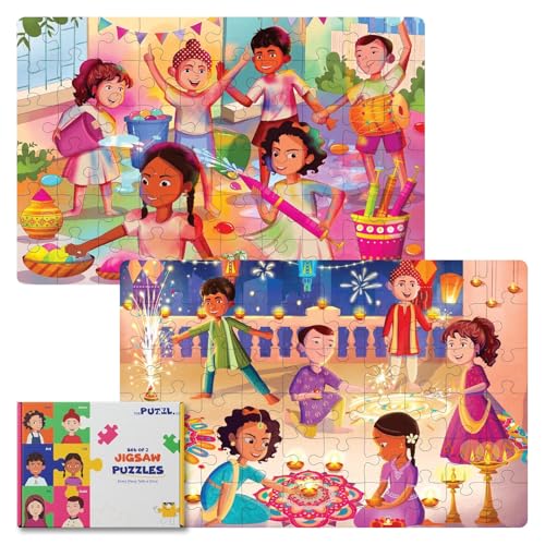 Image of Set of 2, 60 Pieces Each, Diwali & Holi Theme Jigsaw Puzzles for Kids 5+ Years, Festivals of India, Cardboard Puzzle Game for 7-10 Year Olds, Activity Sheets Included