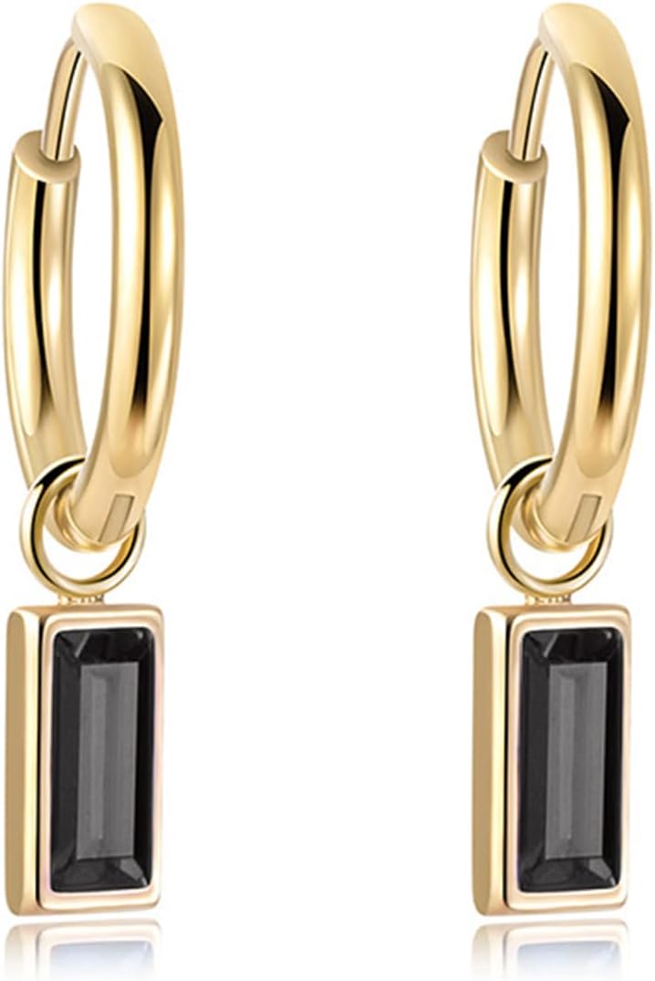 18K Gold Plated Hoop Square Dangle Earrings Emerald Green Blue Red Black Cubic Zirconia Earrings Dainty Pretty Drop Jewelry