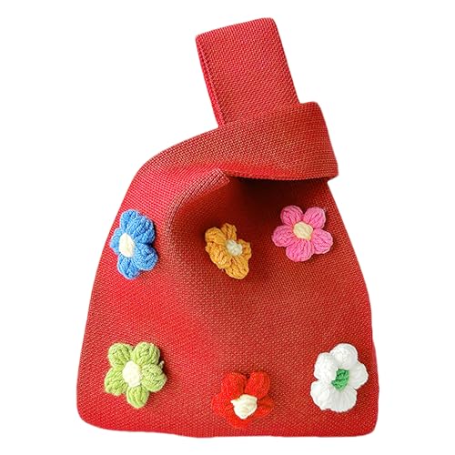 Petit sac fourre-tout en crochet rouge à motif fleur et dragonne tricotée pour femme