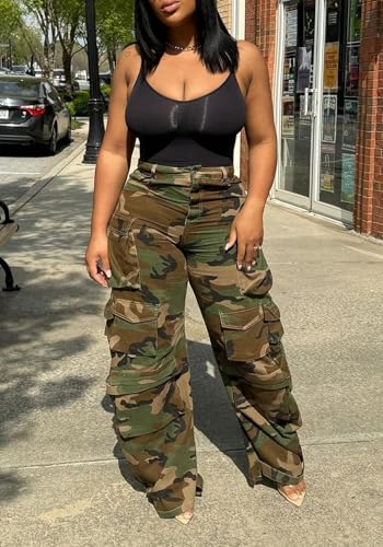 HuiSiFang Women Baggy Camo Cargo Pants Casual Wide Leg Camouflage Army Fatigue Loose Pants with Pockets2
