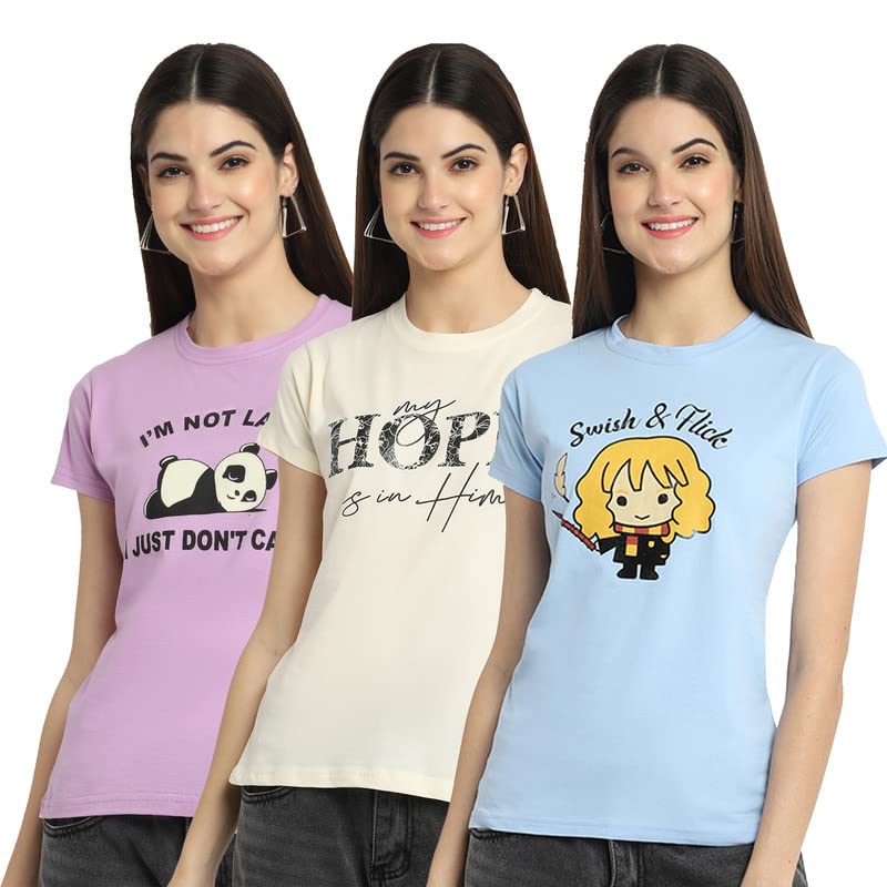 Image of Preneum Pure Cotton Printed Casual Women Tshirt Pack of 3 (Su-46-40-41 XL), Multicolor