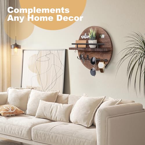 Key-Holder-for-Wall-Key-and-Mail-Holder-Organizer-with-Key-Holder-Wall-Mount-Round-Wooden-Rustic-Home-Decor-for-Entryway-Mudroom-Hallway-Kitchen-Office-Brown