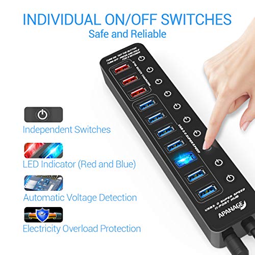 Apanage Powered Usb 3.0 Hub, 11 Ports Usb Hub Splitter (7 High Speed Data Transfer Ports + 4 Smart Charging Ports) With Individual On/Off Switches And 48W Power Adapter For Mac Pro/Mini, Pc, Hdd, Disk #TOP4