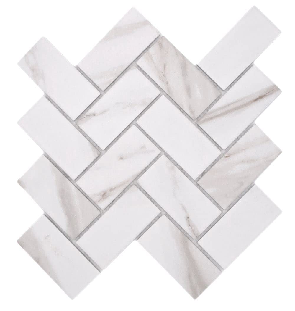 Azulejo de mosaico de cerámica Calacatta en espiga, color blanco, marrón grisáceo, mate, pared de ducha, 10 alfombrillas de mosaico