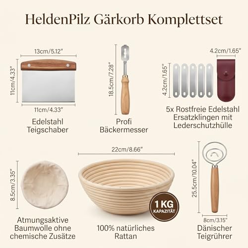 Set zum Brotbacken – knuspriges Brot selber machen inkl. Gärkorb, Teigkarte, Teigrührer, Bäckermesser + Rezepte via QR-Code (Brotbackset)