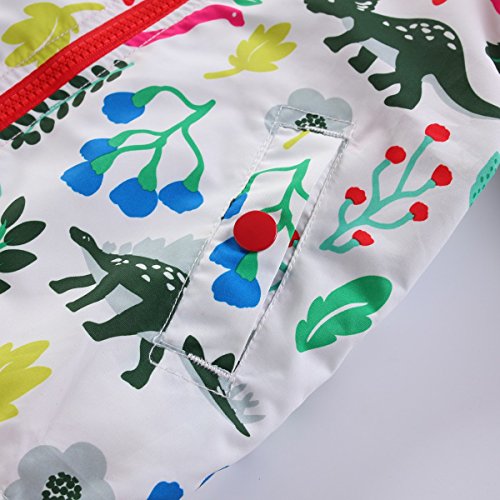 Kisbini Girls' Cartoon Dinosaur Jacket For Kids Boy Girl Windproof Pants Lightweight Hood Windbreaker Outwear (4T, White-Jacket) #TOP3