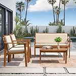 Greesum Outdoor Patio Furniture, 4 Piece Bistro Sofa Set with Coffee Table and Loveseat, Acacia Wood Conversation Sets with Cushions, for Garden, Backyard, Poolside, White - Image 2