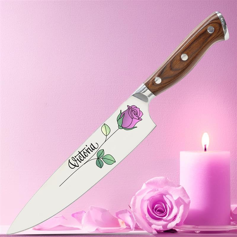Image of Color Laser Engrave Custom Personalized Chef Knife with Blade Cover and Velvety Red Interior Box Premium Stainless Steel - Personalized for Wife, Mother, Friend with a Rose Design (Design#2)