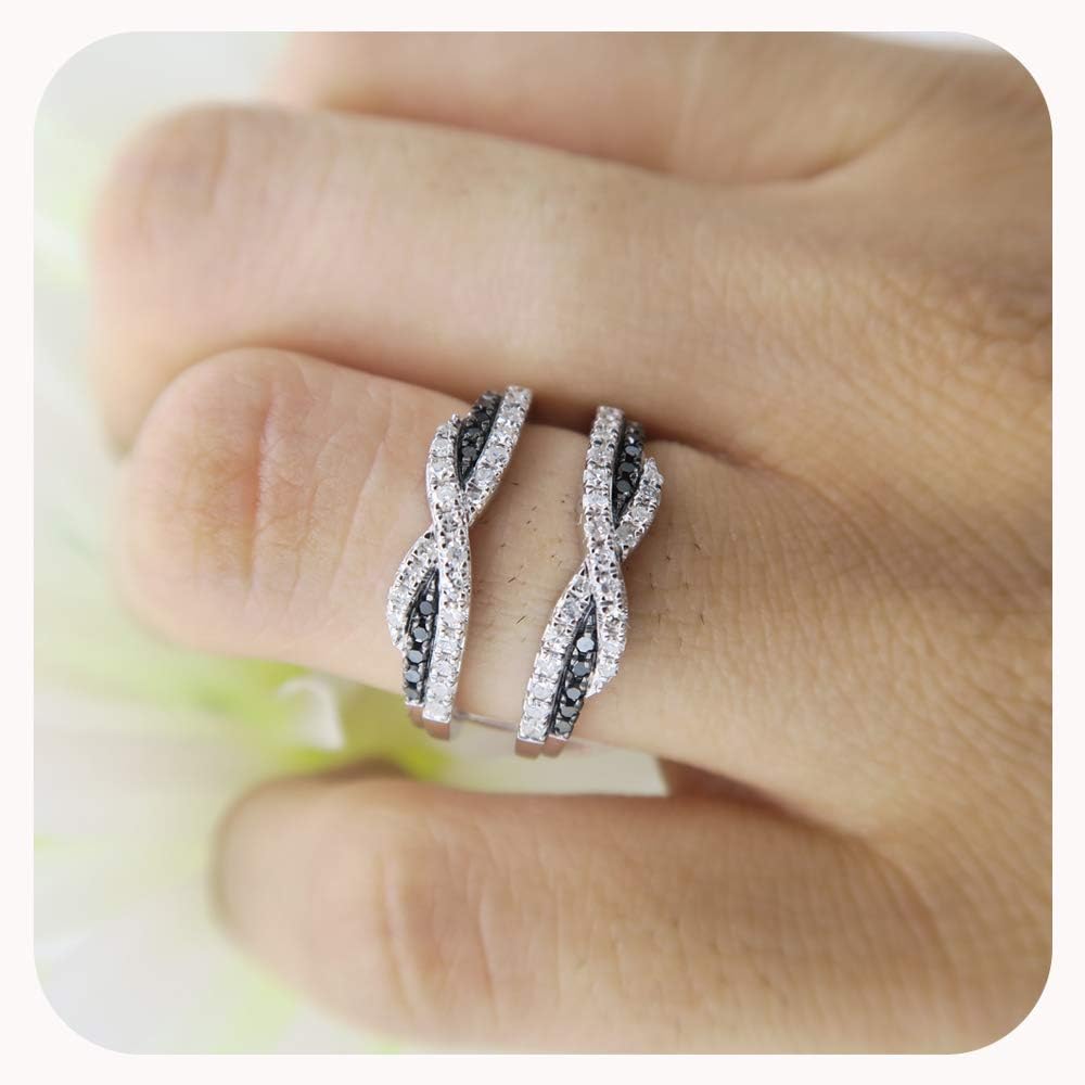 0.50 Carat (Ctw) 14K White Gold Plated Round Black & White Diamond Ladies Swirl Anniversary Wedding Band Enhancer Guard Double Ring 1/2 CT