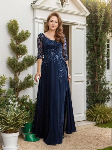 Lace Chiffon Mother of The Bride Dress Sequin 3/4 Sleeve Formal Evening Dress3