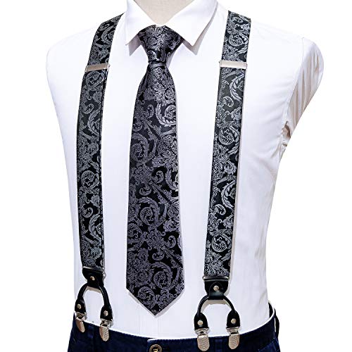 Image of Barry.Wang Men Suspender Set with Necktie Elastic Y Type Heavy Duty 6 Clips Braces Tie Handkerchief Cufflink Pin 6PCS