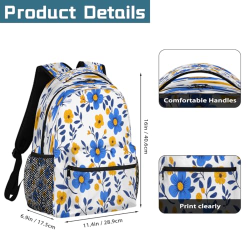Cartoon Blue Yellow Flowers Kids Backpack, Lightweight School Bookbag Large Capacity Laptop Backpack Water Resistant Daypack Shoulder Bag for Teenager Boys Girls2