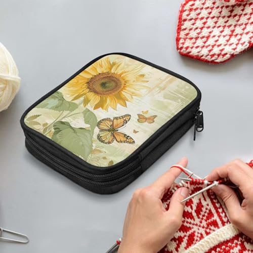 Image of Crochet Hook Case Sunflower Crochet Hook Holder Portable Crochet Hook Storage Bag with Web Pockets Suitable for Crochet Needles /Knitting Accessories