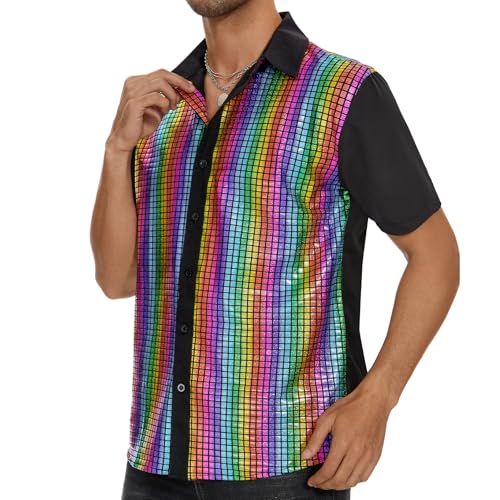 Image of Zando Men's Sequin 70s 80s Disco Shirt - Retro Short Sleeve Button Up Costume Halloween New Year Party Outfit Top & Clubwear