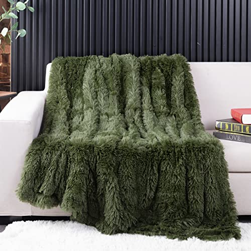 YUSOKI Olive Green Faux Fur Throw Blanket,2 Layers,50" x 60" Cozy Plush Fluffy Blanket Furry Fuzzy Warm Cute Shaggy Blanket for Fall Bed Living Room Décor Baby Women Pet