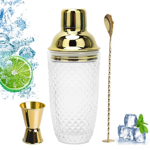 Juego De Coctelera De Cristal 400ml, 400ml Cocteleras De Cristal Transparente Dorado, Incluye Vaso Medidor, Cuchara De Acero Inoxidable, para Bares Domésticos, Vinos,Bebidas De Zumos Mezclados, Dorado