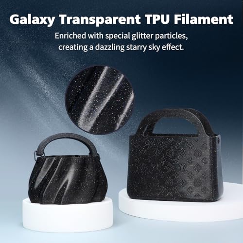 Image of YOUSU Galaxy Black TPU Filament 1.75mm Bundle, 95A (42D) Flexible 3D Printer Filament, Galaxy Glitter with Starry Sparkle Effect,250g Spool,4 Rolls,TPU Black Filament Glitter Gold+Blue+Purple+Colored