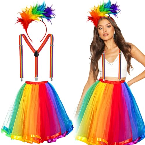 iZoeL Halloween Kostüm Damen Regenbogen Tüllrock mit Feder Haarreif Bunt Hosenträger, Regenbogen Einhorn Rock, 50er jahre outfit damen, Halloween...