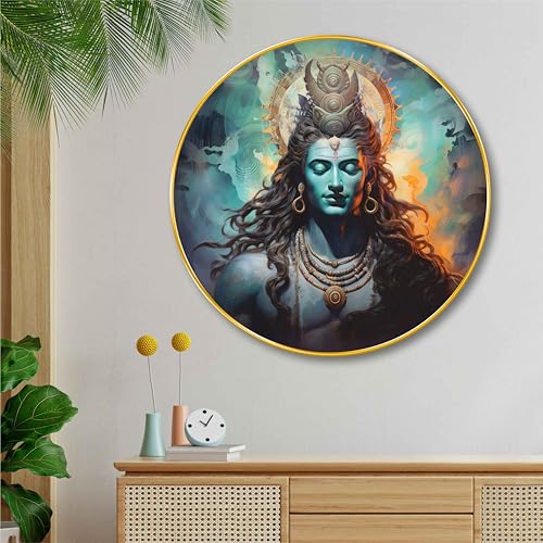Image of SAF Lord Shiva Round Wall Painting with Golden Frame | Meditating Mahadev Modern Spiritual Wall Art | Divine Hindu Religious Decor for Living Room Bedroom Temple Office (23 X 23 Inch) GR-254