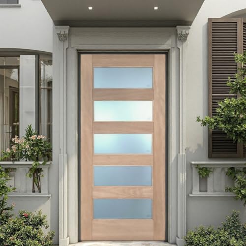 80" Solid Mahogany Front Entry Wood Door with 5-Panel Frosted