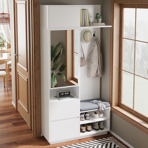 LAKFEW Juego de Perchero 5 en 1 con Espejo y Banco, Perchero Entrada Recibidor con Zapatero y Estante, Conjunto de Mueble Recibidor Mueble Entrada Recibidor con Cajón y Puerta, 90x34.5x190 cm, Blanco