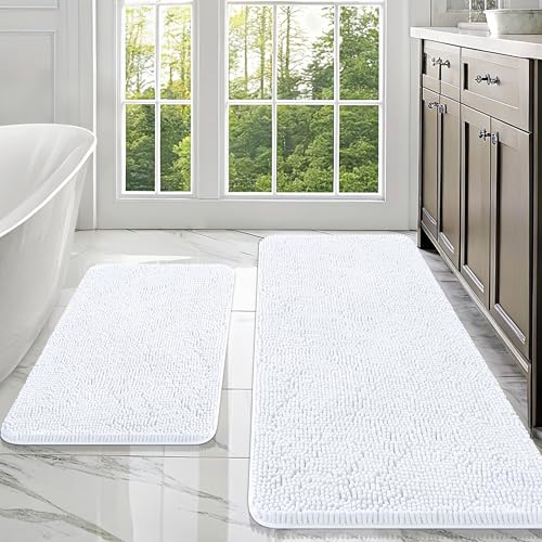 Image of OLANLY Bathroom Rugs Sets 2 Piece, Soft Absorbent Chenille Bath Mats Area Rug Set, Non-Slip, Quick Dry, Machine Washable Bath Mats for Bathroom, Home Decor Accessories (47 inchx20 inch+30 inchx20 inch, White)