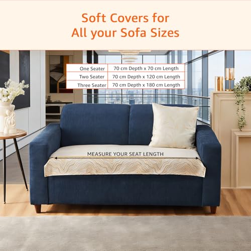 Image of Amazon Basics Knitted Fabric Sofa Cover for Two Seater, Classic Plaid, Non-Slip Sofa Pad, 70x120 cm, Soft Silicone Grip Dots, 100% Polyester, Machine Washable - Off-White
