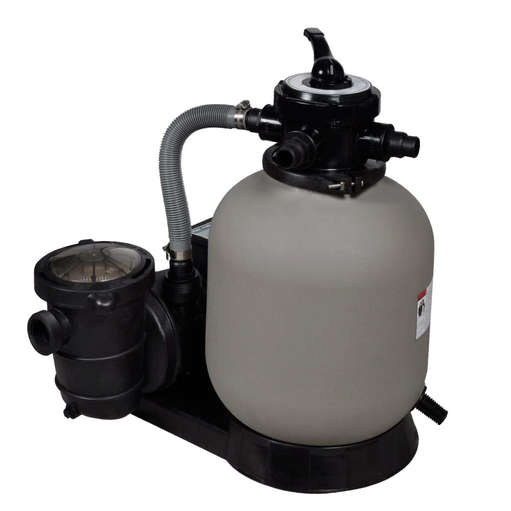 Pompa z filtrem piaskowym, 2 sztuki, 600 W, 17000 l/h, filtr piaskowy ze zbiornikiem odpornym na korozję, filtr wstępny i zawór wielokanałowy do basenów naziemnych z przyłączem 38 mm