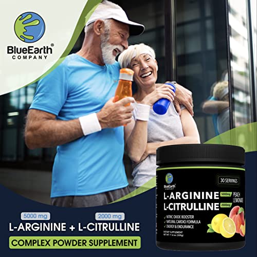 Blueearth Company L-Arginine 5000Mg + L-Citrulline 2000Mg Complex Powder Supplement - Nitric Oxide Booster - Peach Lemonade Flavored - 330G #TOP3