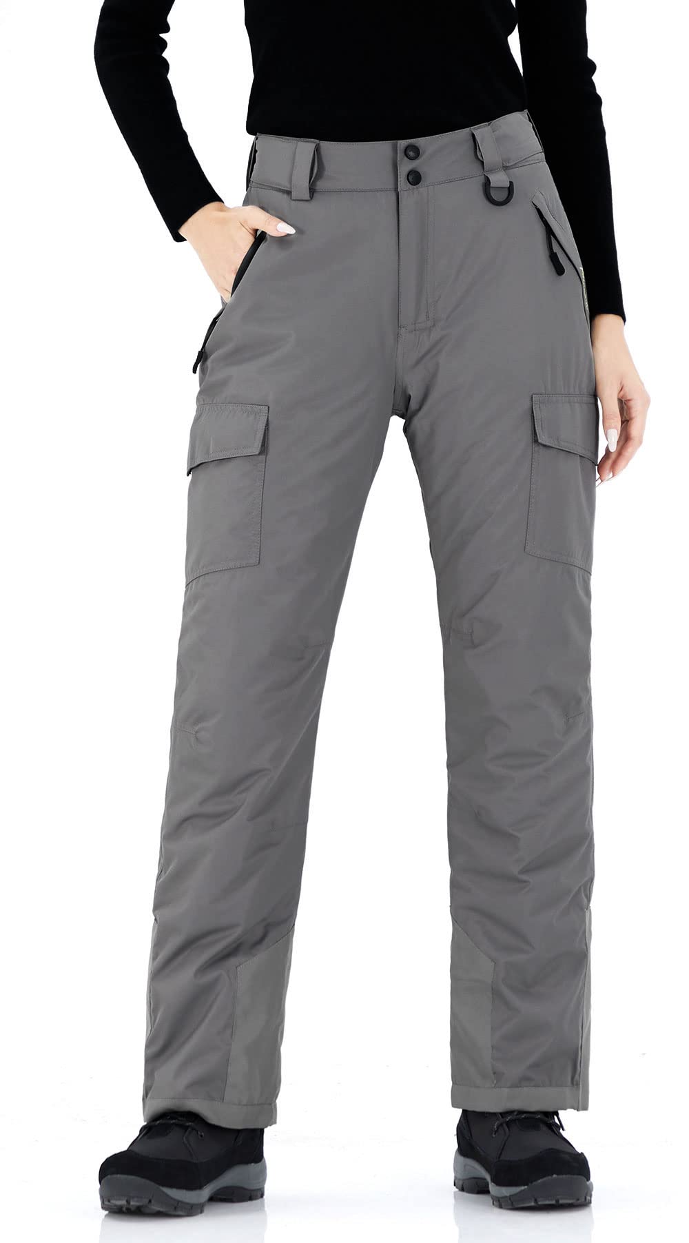 WULFULWomen's Insulated Snow Ski Pants Waterproof Winter Snowboarding  Skiing Cargo Pants, Grey, Large(12-14)/32L