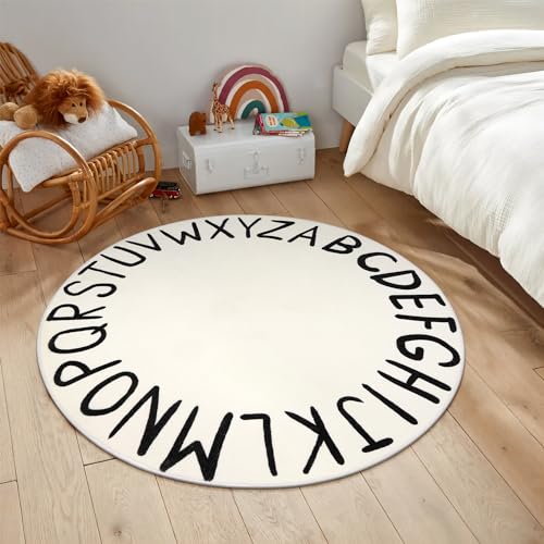 Image of LIVEBOX ABC Play Room Kids Round Rug for Bedroom, Washable Nursery Rug for Baby, Circle Area Rug for Playroom, Small Toddler Rug Educational Crawling Mat for School Classroom(40",Black)