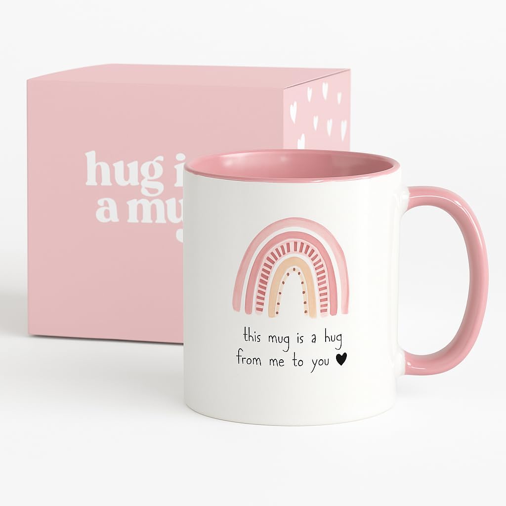 Unboxme Gifts Hug in a Mug – 12 oz Pink Coffee Mug with Heartfelt Quote – A Gift for Best Friend, Sister or Mom to Feel Your Love, Encouragement & Cheer from Afar