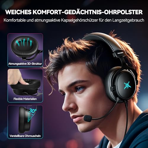 TECKNET Kabelgebundenes Gaming Headset mit Mikrofon, 3,5 mm Klinke, Stereo Surround Sound, LED-Beleuchtung, Over-Ear Kopfhörer, Gaming Kopfhörer für PC, PS4, PS5, Xbox Series X, Switch, Mac & Laptops – Bild 6