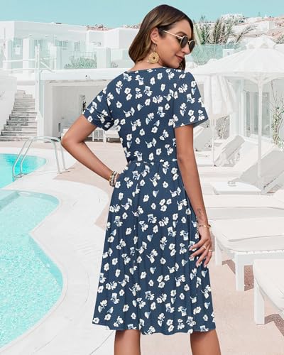 Image of WNEEDU Women V Neck Button Down Empire Waist Midi Summer Dress with Pockets