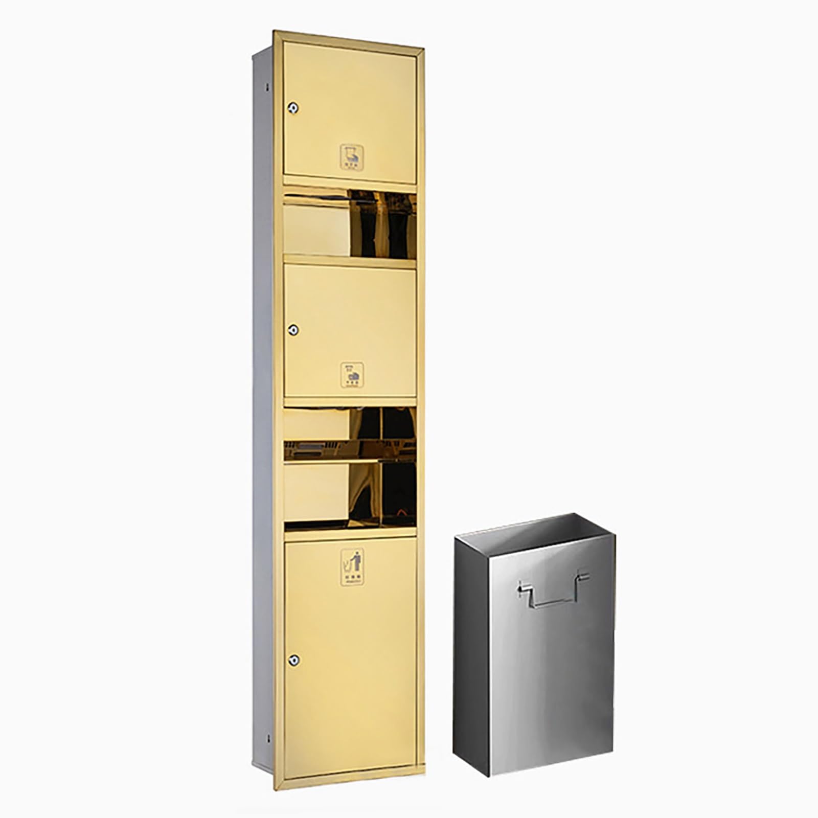 Portarrollos de Papel Higiénico Empotrable con Papelera Integrada y Secador de Manos Automático, Hornacina de Baño en Acero Inoxidable 304, Revestimiento Nano(Gold)