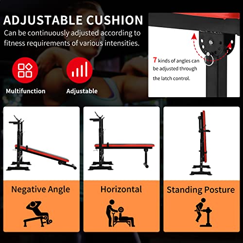 Adjustable Weight Bench With Barbell Rack Folding Workout Station Foldable Bench Press Workout Bench W/Dip Station&Curl Bar Weight Lifting Bench Strength Training Bench For Home Gym #TOP1