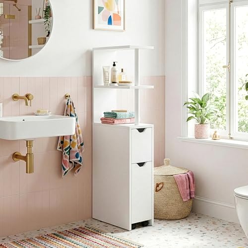[en.casa] Estantería Fadeskimma con 2 Cajones y 3 Estantes Mueble Baño Diseño Compacto Mueble de Almacenaje Estrecho con Compartimentos para Cocina Dormitorio 113 x 19 x 45 cm - Blanco