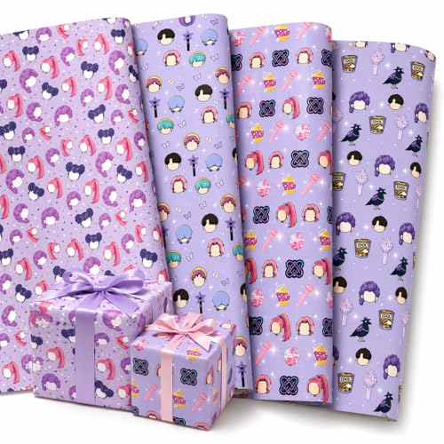 JenJen Tradition Anime Style Wrapping Paper Set 8 Sheets (4 Designs x 2) 50 x 70cm Cute Cartoon Pink Purple Gift Wrap for Kids Birthday Party Holiday & Fantasy Theme Present