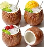 LINALL Paquete de 4 tazas Tiki de cerámica de 17 onzas, vasos de cóctel hawaianos de coco para Mai Tai y Piña Colada, vasos Tiki duraderos, juego perfecto para fiestas y regalo