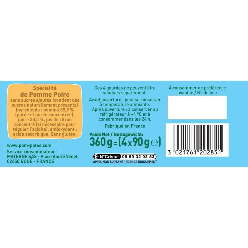 Pom'Potes Gourmands sans Sucre Ajouté Pomme Poire - 4x90g | Savoureux Snack Fruité | Compotes Naturelles | Épicerie Sucrée | Alternative S - Le Lot De 4