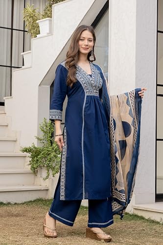 Image of MEERA FAB Women Floral Printed Pure Cotton Straignt V-Neck Kurta with Trousers & Dupatta