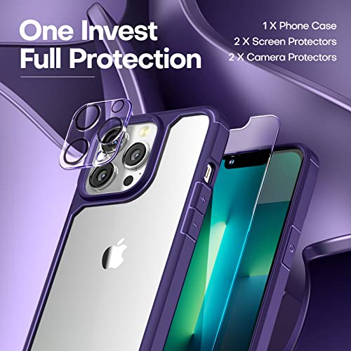 Tauri 5 In 1 Designed For Iphone 13 Pro Case, [Not Yellowing] With 2 Screen Protector + 2 Camera Lens Protector [Military Grade Protection] Shockproof Slim Phone Case 6.1 Inch, Dark Purple #TOP2